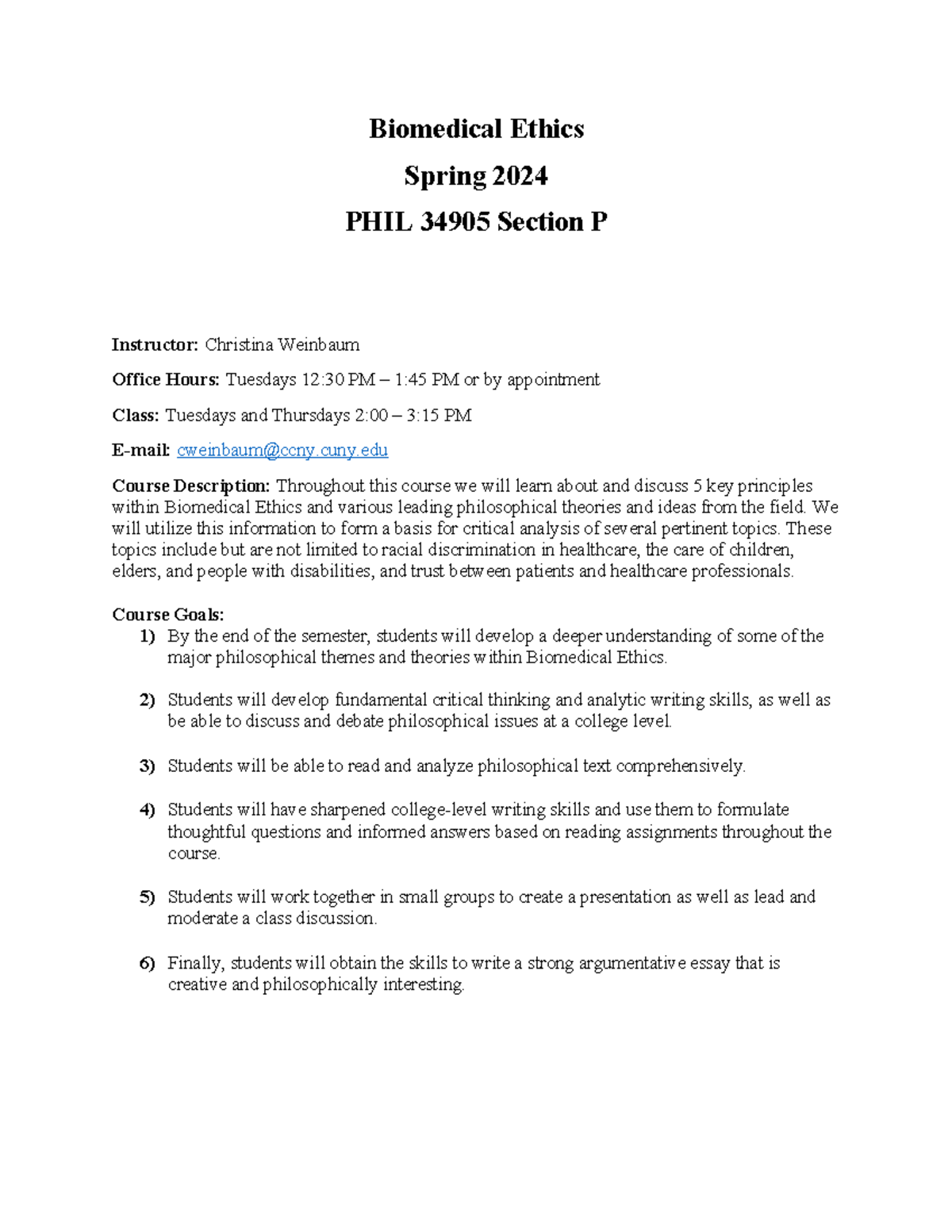 Biomedical Ethics Section P Syllabus - Biomedical Ethics Spring 2024 ...