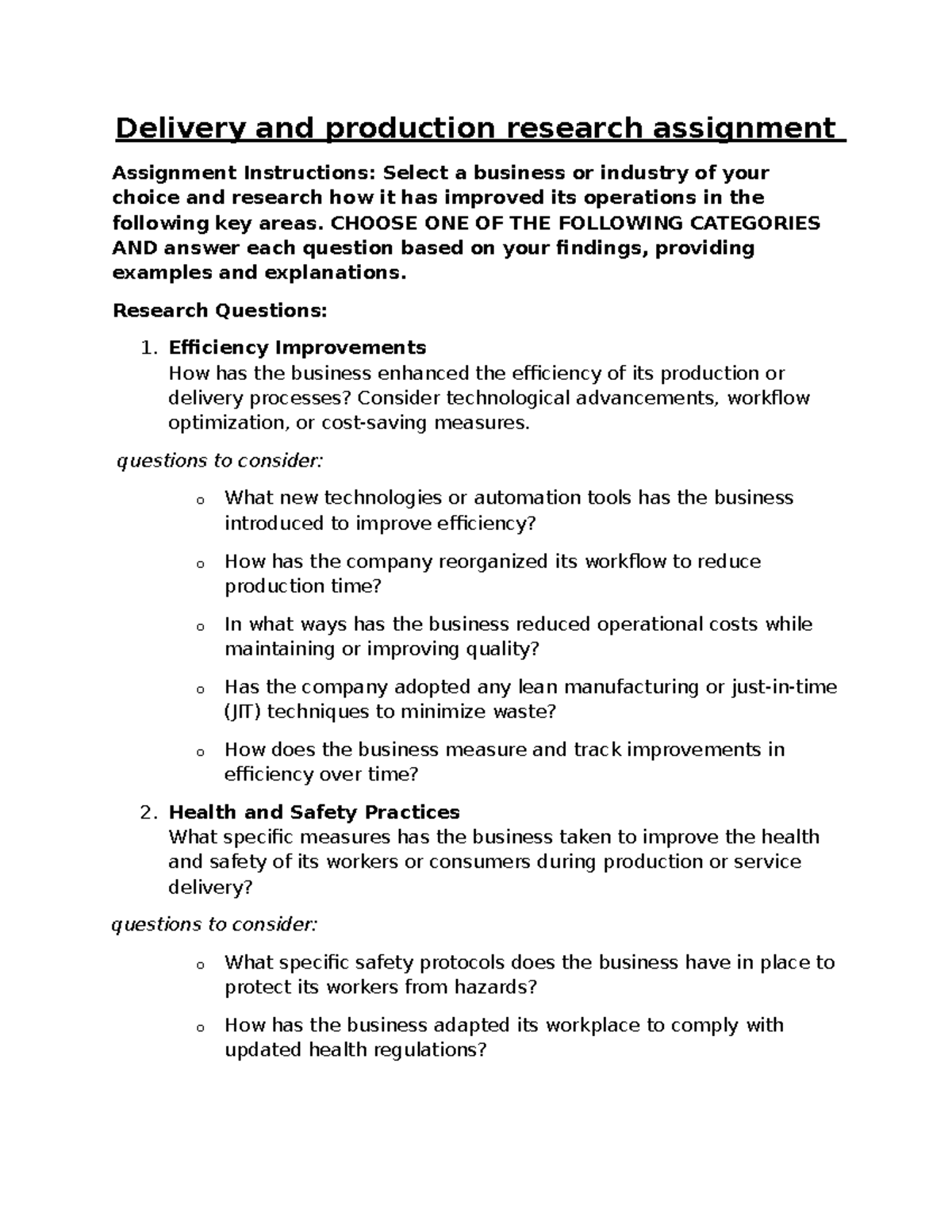 Delivery and production research assignment - Delivery and production ...