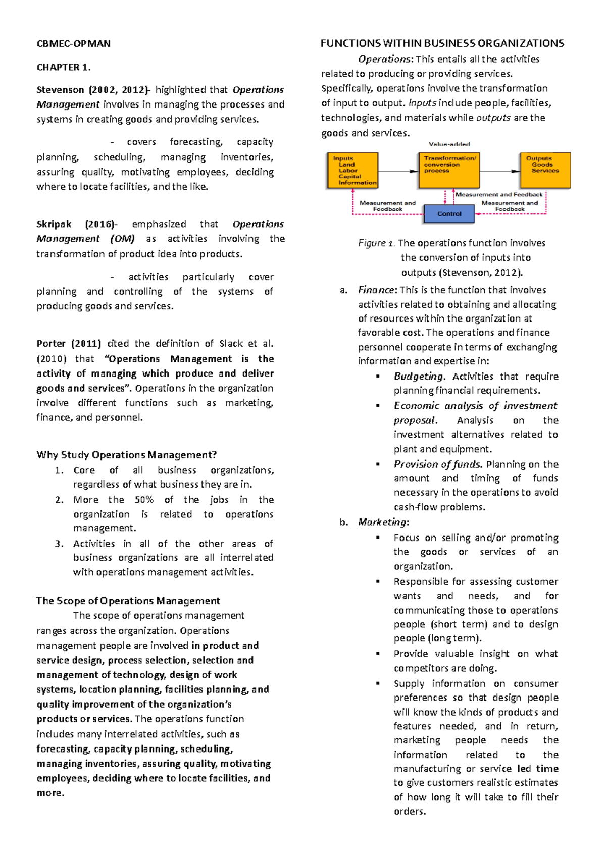 Opman Midterm - CBMEC-OPMAN CHAPTER 1. Stevenson (2002, 2012 ...