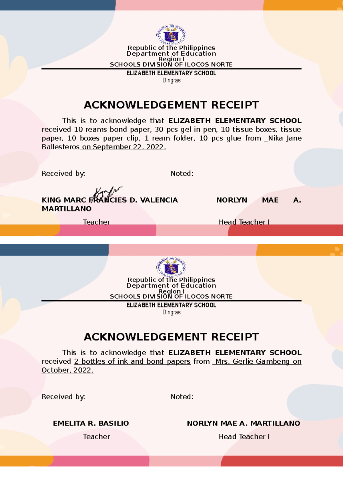 Acknowledegement receipt - Republic of the Philippines Department of ...