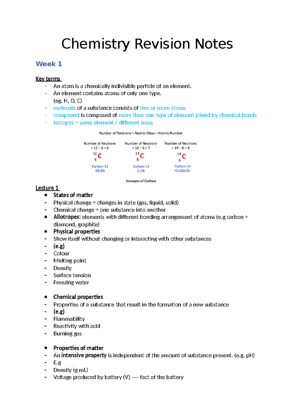 Chemistry Revision Notes - An element contains atoms of only one type ...
