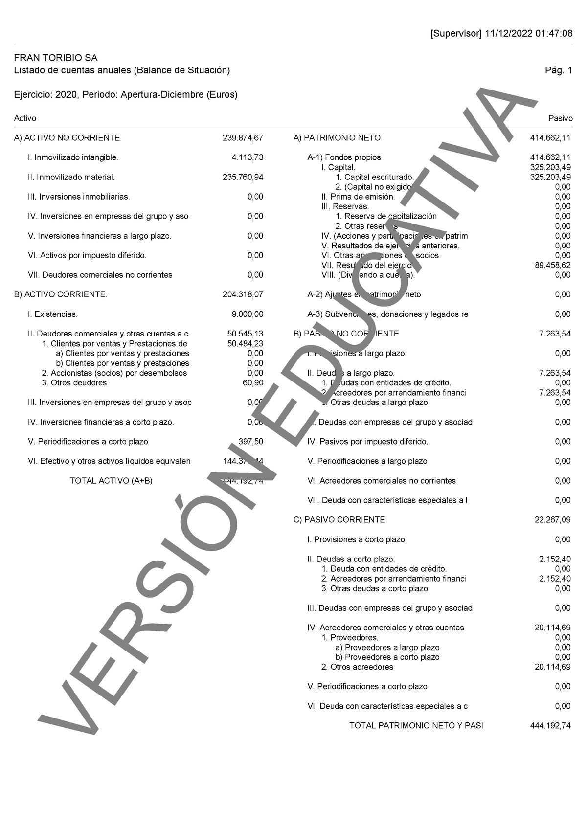 Cuentas Anuales Balance De Situación Modelo Simple Fran Toribio Sa Ejercicio 2020 Periodo 5073