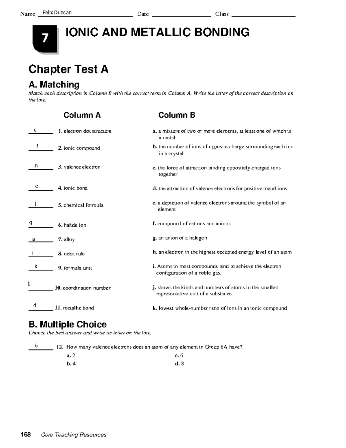 Kami Export - Chapter 7 Test A - IONIC AND METALLIC BONDING Chapter ...