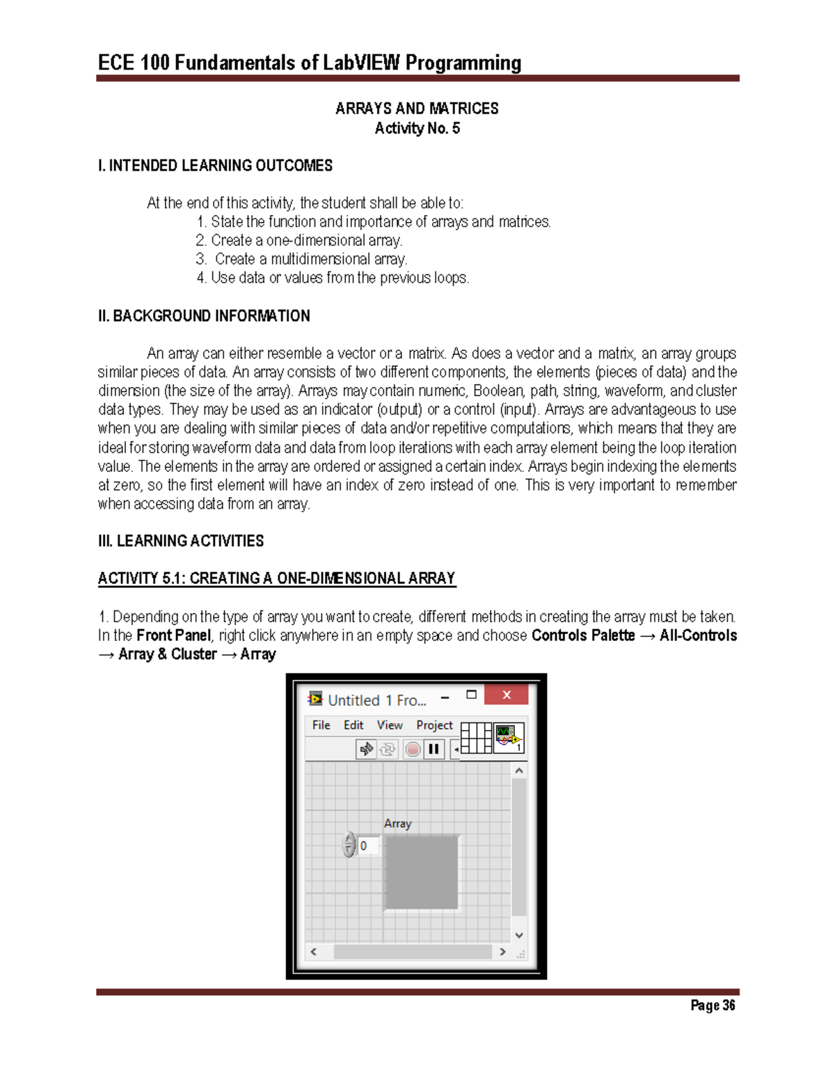Group 5 SA 5 1 Arrays and Matrices ECE 100 Lab VIEW - Basic Electrical ...
