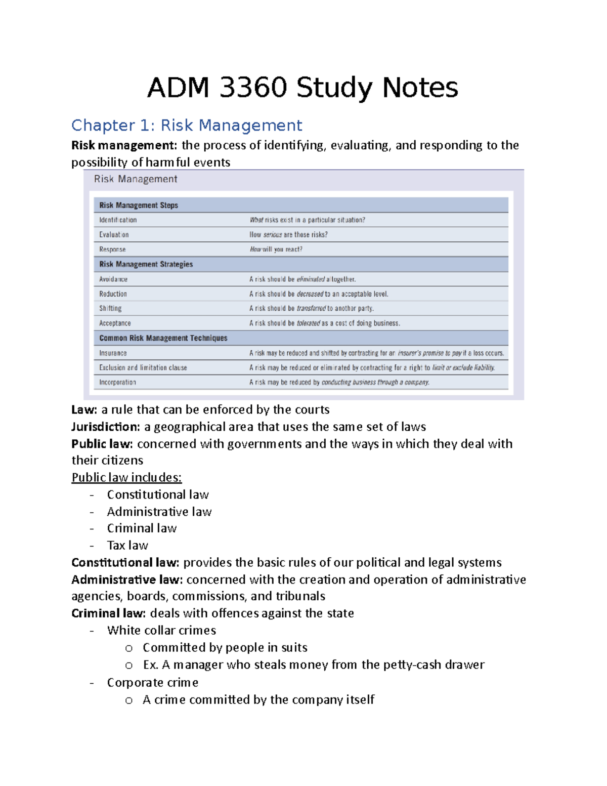 Adm 3360 Chapter 1 And 2 Notes Adm 3360 Study Notes Chapter 1 Risk Management Risk Management Adm 3360 Chapter 1 And 2 Notes Adm 3360 Study Notes Chapter 1 Risk Management Risk Management