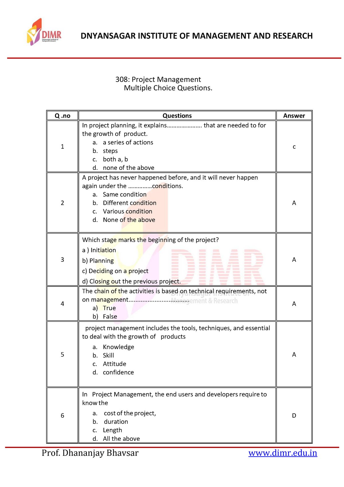 308-Project Management MCQs - 308: Project Management Multiple Choice ...