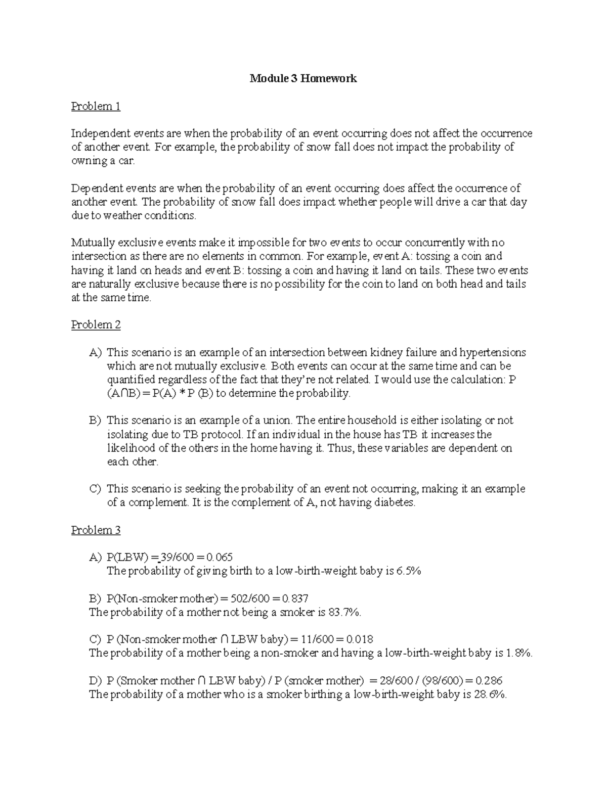 Module 3 Homework - Module 3 Homework Problem 1 Independent Events Are ...