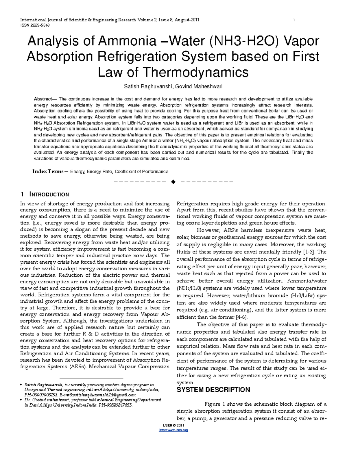 Ammonia Water - ISSN 2229- IJSER © 2011 Analysis of Ammonia – Water ...