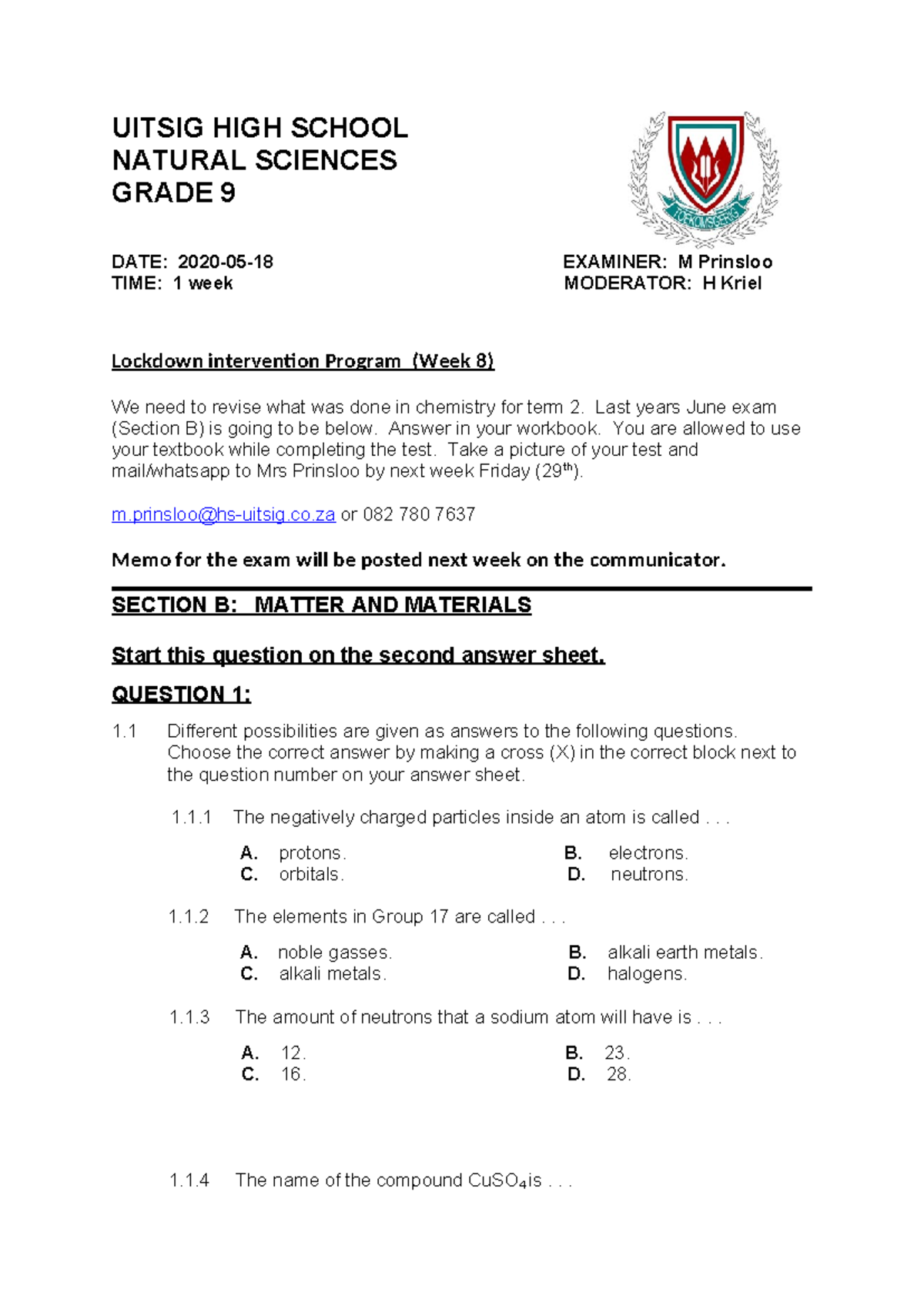 Gr 9 Natural Sciences Week 8 Uitsig High School Natural Sciences