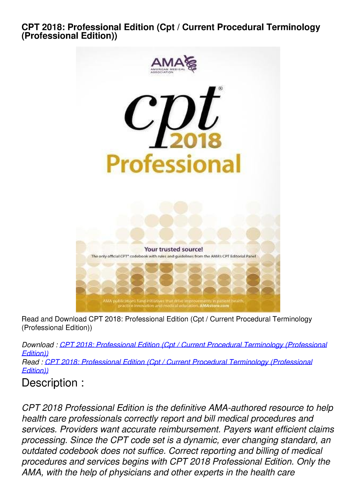 PDF_ CPT 2018: Professional Edition (Cpt / Current Procedural ...