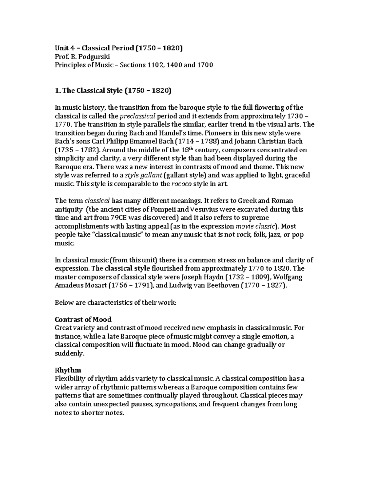 Unit 4 – Classical Period - Unit 4 – Classical Period (1750 – 1820 ...