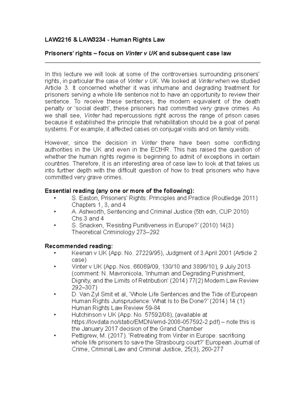 Prisoners Rights LAW2216 & LAW3234 Human Rights Law Prisoners’ rights focus on Vinter v UK