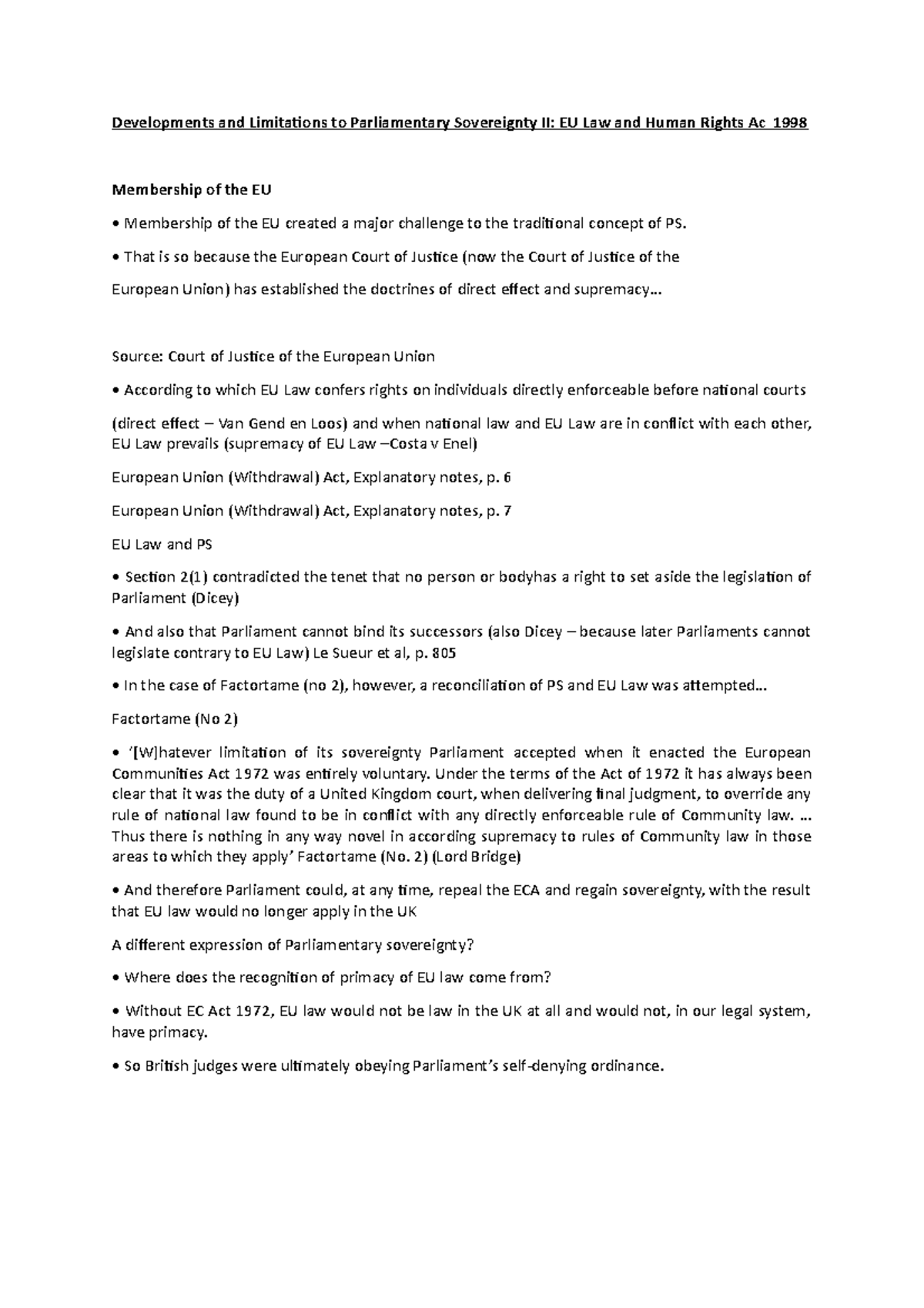 Public law Week 6 - Developments and Limitations to Parliamentary ...