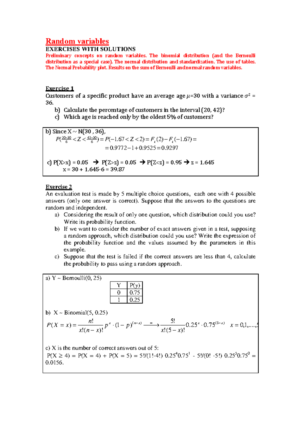 Exercises 2 - Random variables (with solutions) - Random variables ...