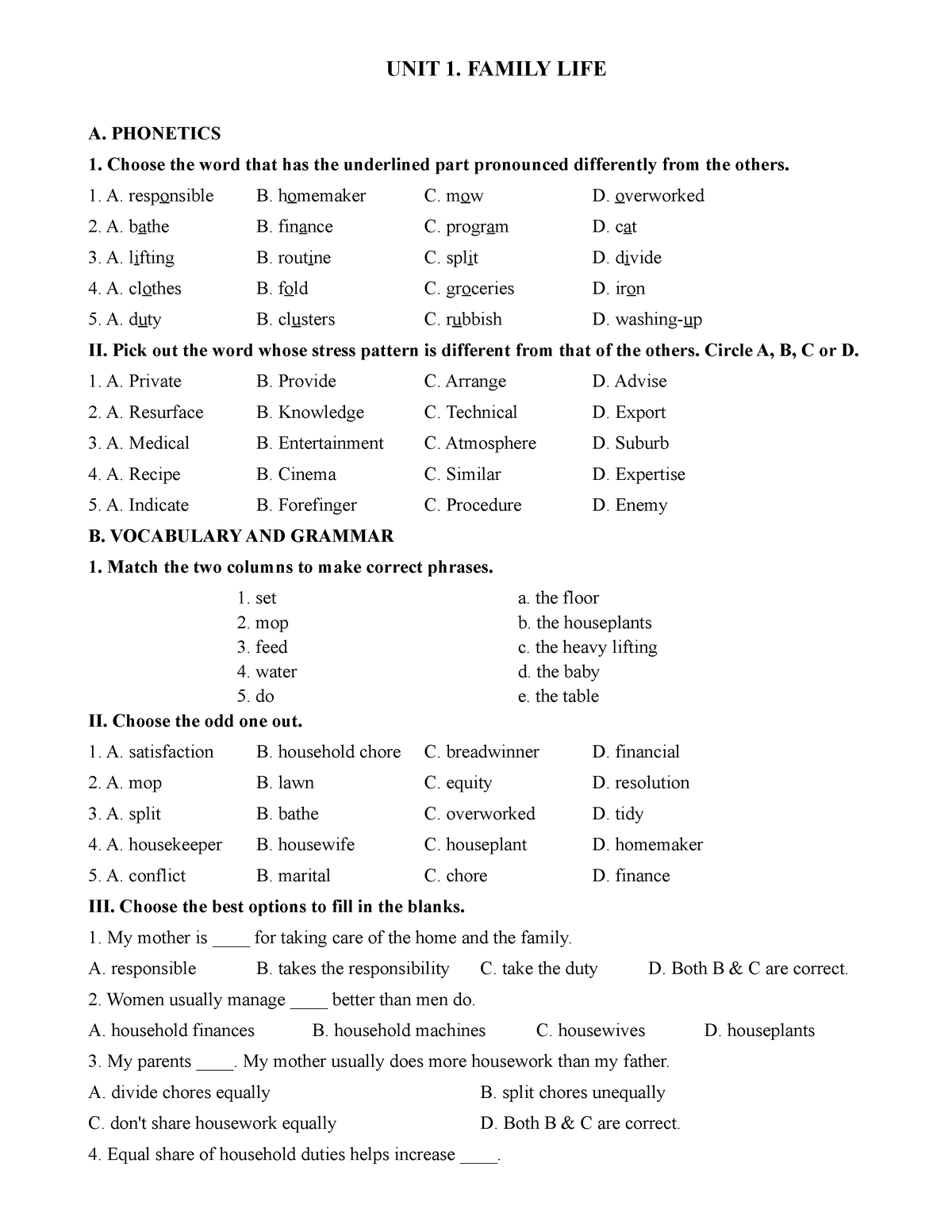 Unit 1 - Unit 1 Grade 10 English - Global Success - UNIT 1. FAMILY LIFE ...