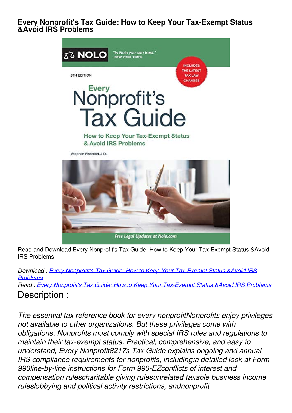 Read Pdf Every Nonprofits Tax Guide How To Keep Your Tax Exempt Status Avoid Irs Every 3122