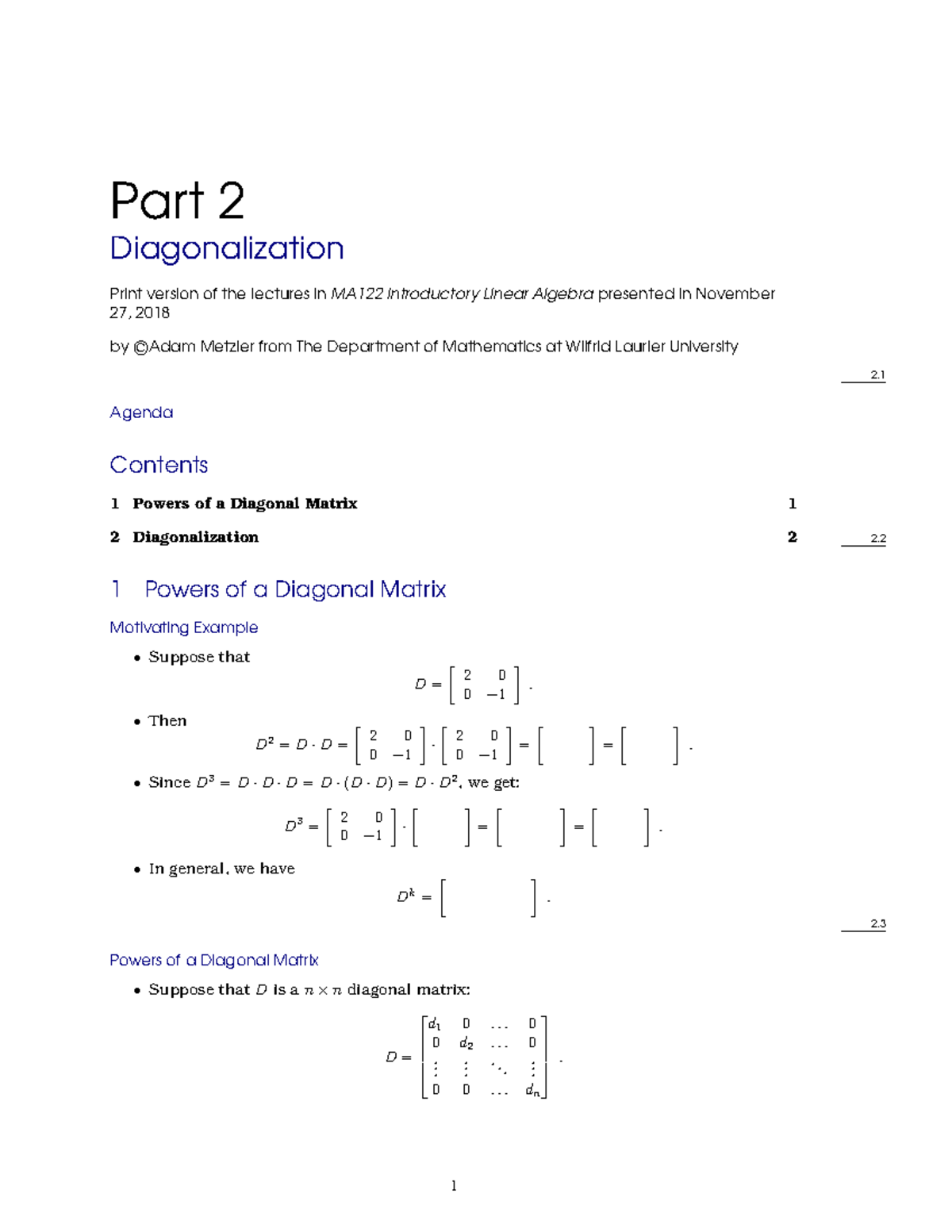 MA122 Diagonalization Notes - Part 2 Diagonalization Print Version Of ...