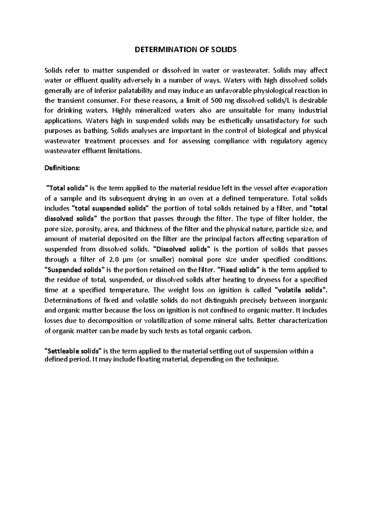 Determination+OF+ Solids - DETERMINATION OF SOLIDS Solids refer to ...