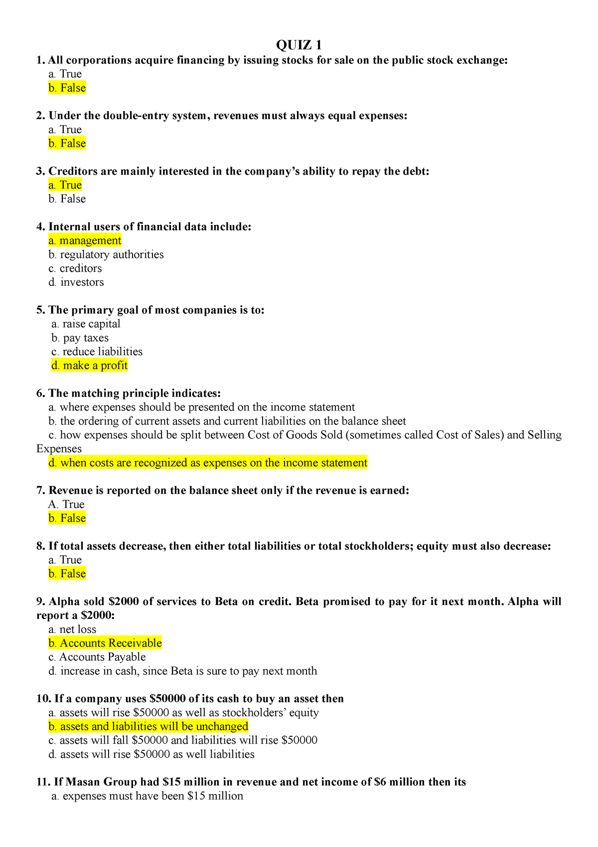 QUIZ 1-2-3 - Practice - QUIZ 1 All Corporations Acquire Financing By ...