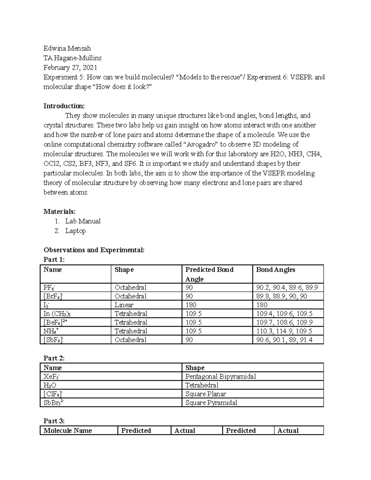 Lab Report 5 & 6 How can we build molecules? “Models to the rescue