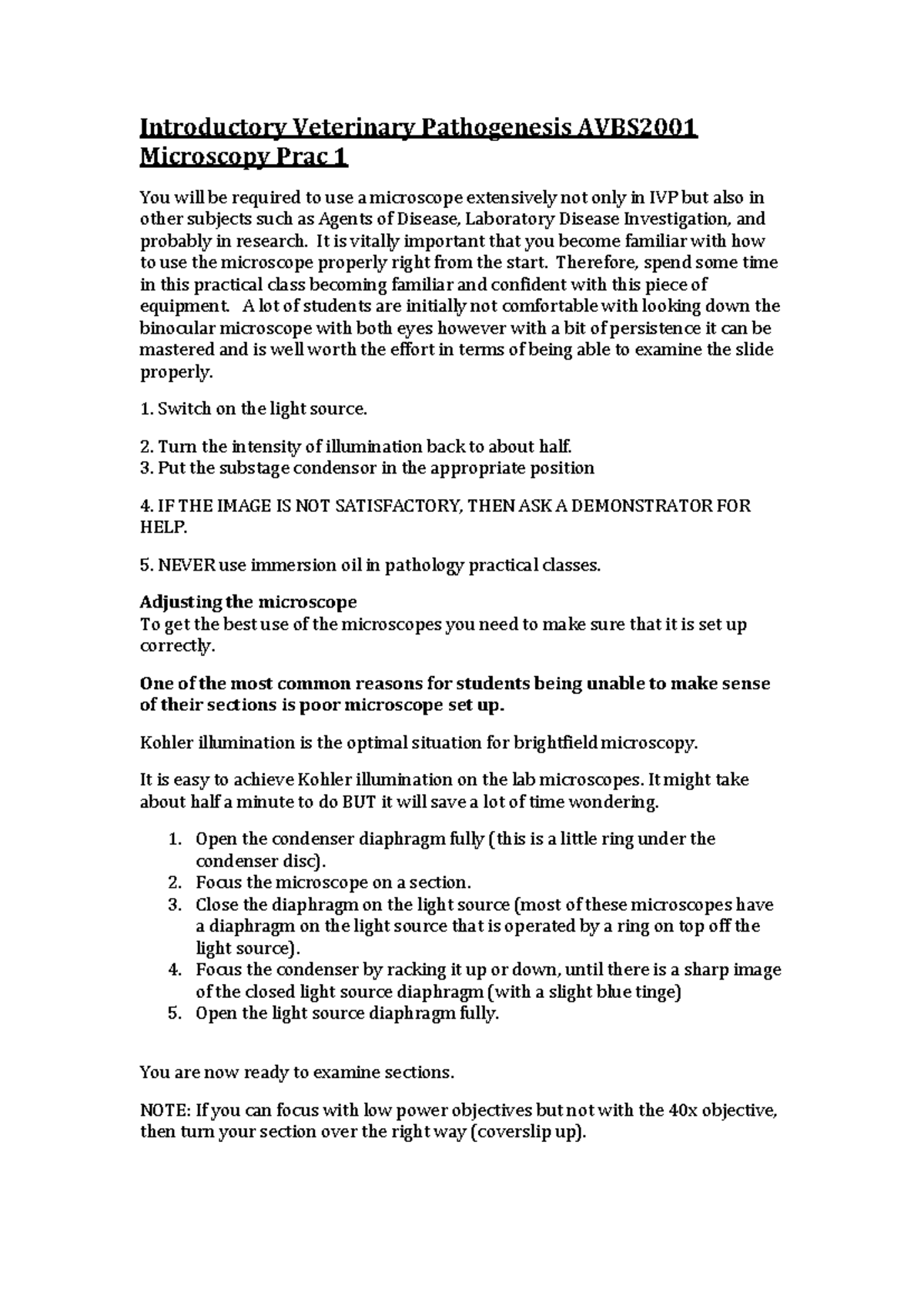 IVP Prac notes Microscopy prac 1 week 2 - Introductory Veterinary ...