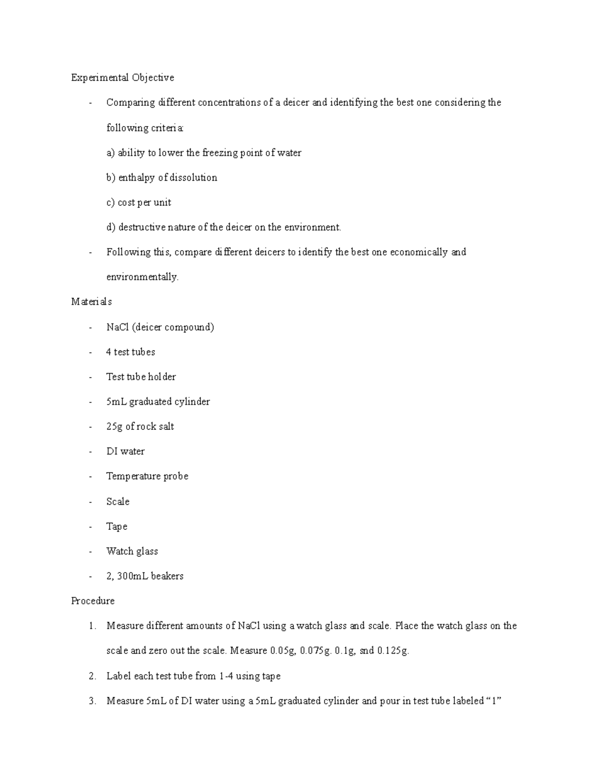 Deicer NP Pages Day 1 Experimental Objective Comparing different