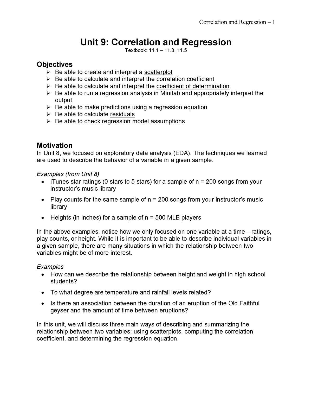 Unit 9 Correlation And Regression The Techniques We Learned Are Used To Describe The Behavior Of Studocu