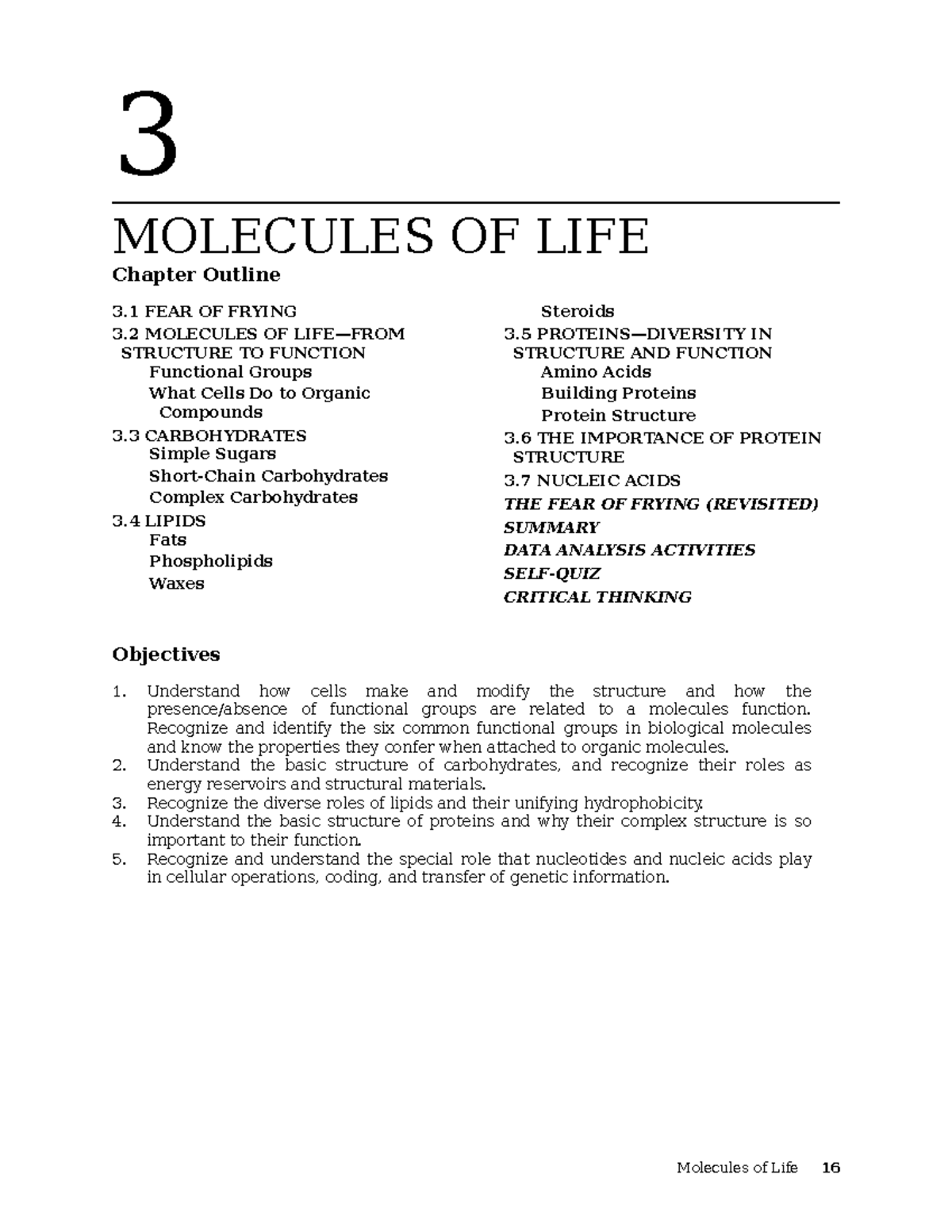 Human Biology Chapter 3 Notes - 3 MOLECULES OF LIFE Chapter Outline 3 ...