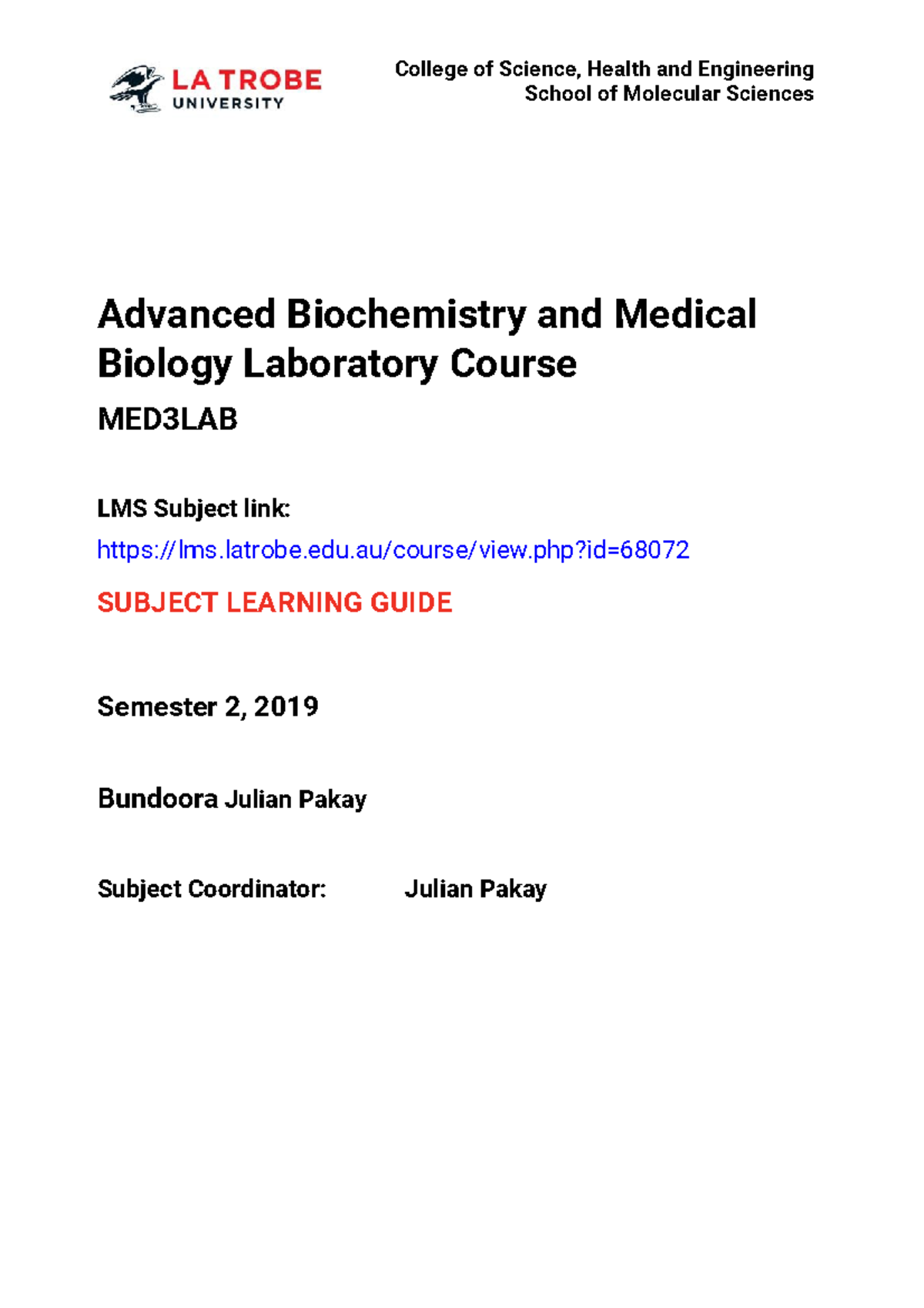 2019 MED3LAB Subject Learning Guide - College of Science, Health and ...