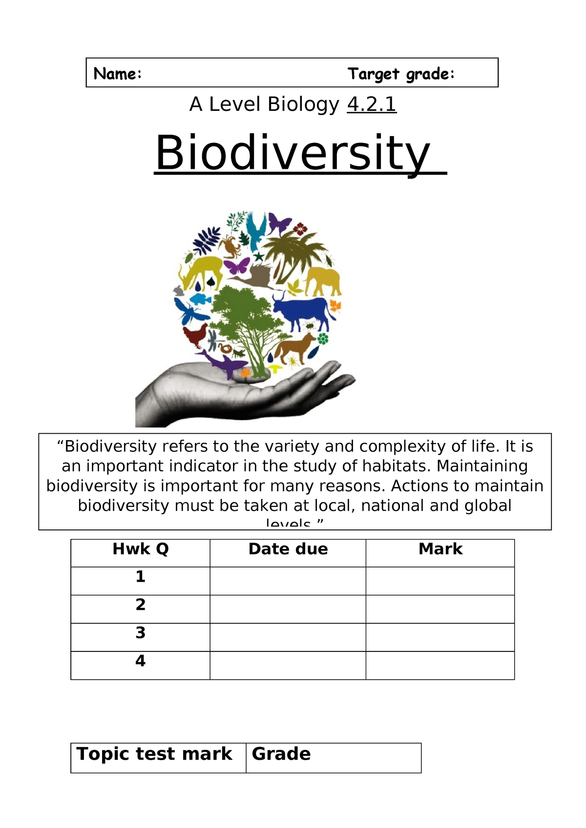 Biodiversity Booklet - Ssssssss - A Level Biology 4. Biodiversity Hwk Q ...