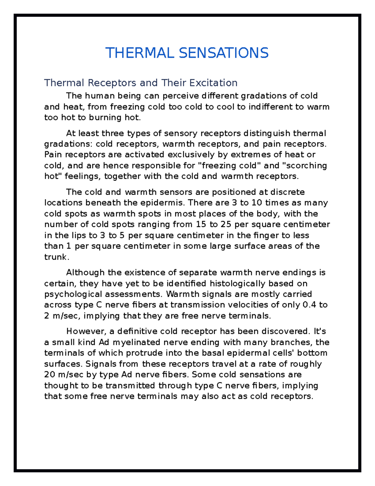 Thermal Sensations - Lecture Notes 54-55 - THERMAL SENSATIONS Thermal ...