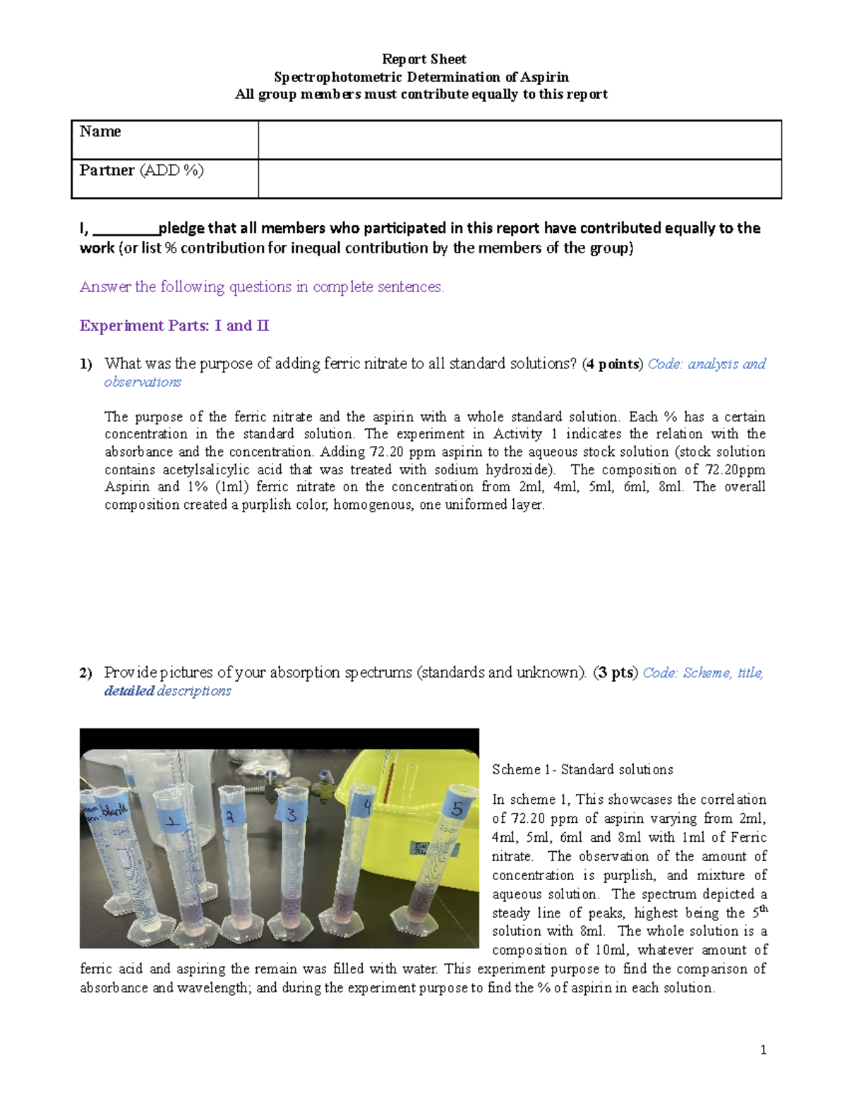 Week 7 Worksheet S22 Report Sheet Spectrophotometric Determination of