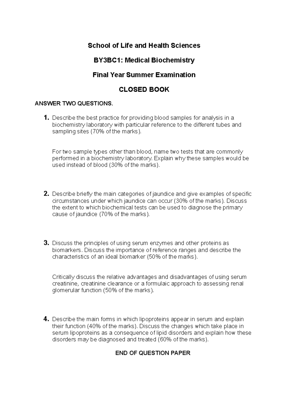 Medical Biochemistry Practice Exam - School of Life and Health Sciences ...