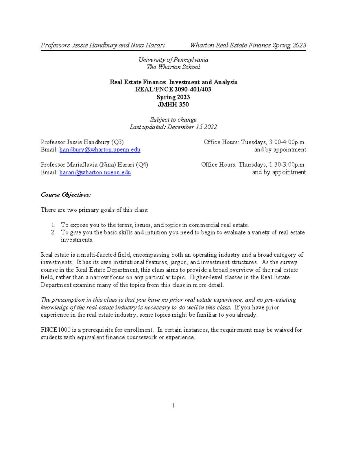 202310 REAL2090401 University of Pennsylvania The Wharton School Real