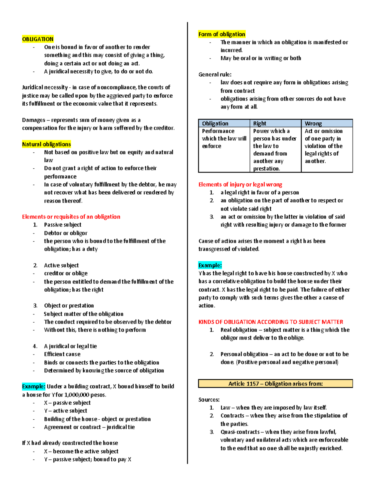 Obligations Chapter 1-2 - Juris Doctor - Studocu