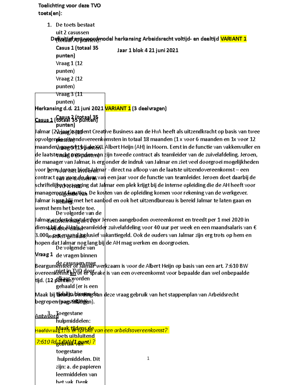 Arbeidsrecht - Toets En Antwoorden - Definitief Antwoordmodel ...