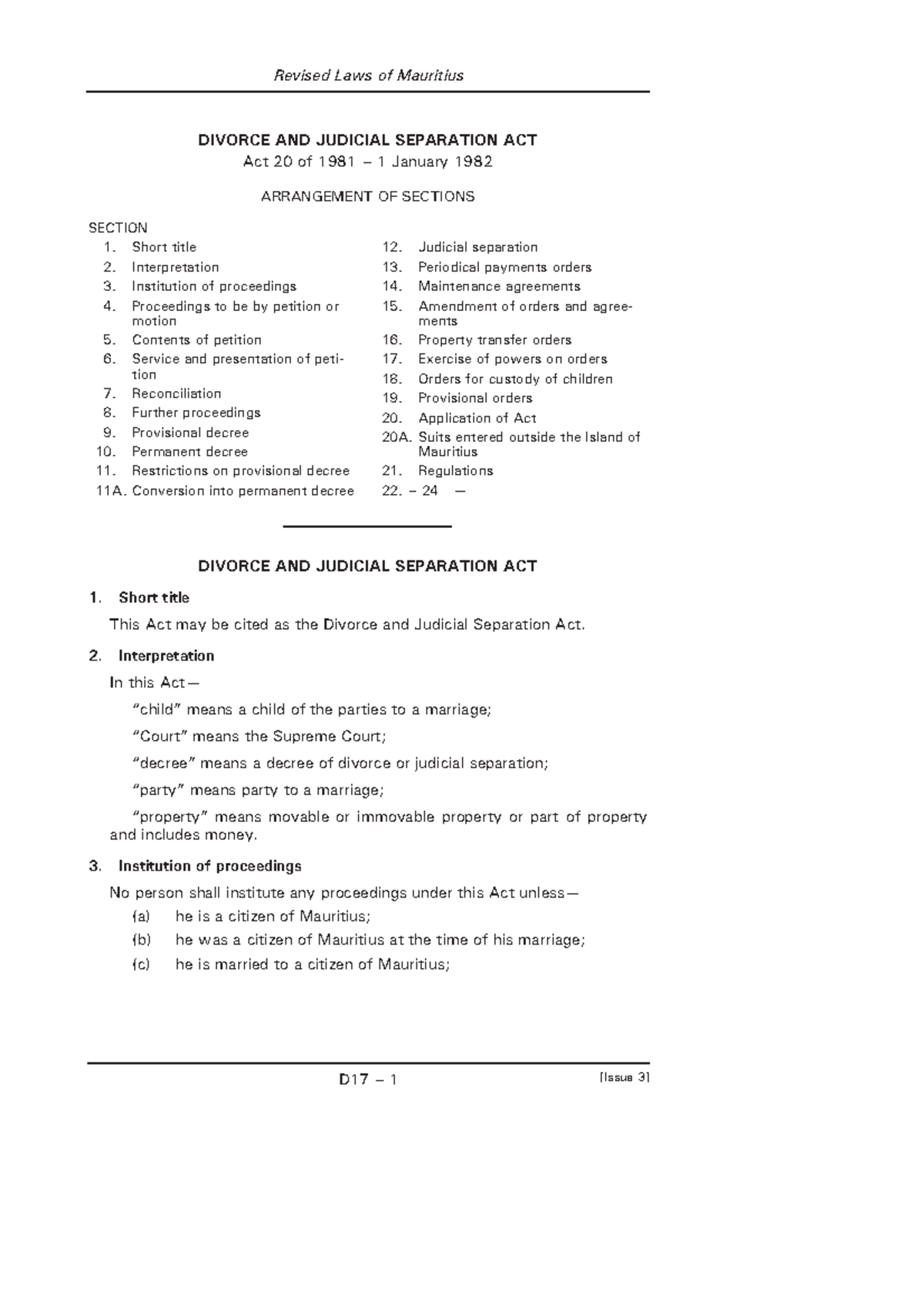 Divorce AND Judicial Separation ACT, No 20 of 1981 Revised Laws of