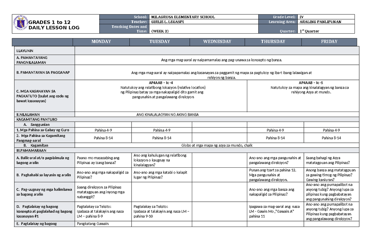 DLL Araling Panlipunan 4 Q1 W2 - GRADES 1 to 12 DAILY LESSON LOG School ...