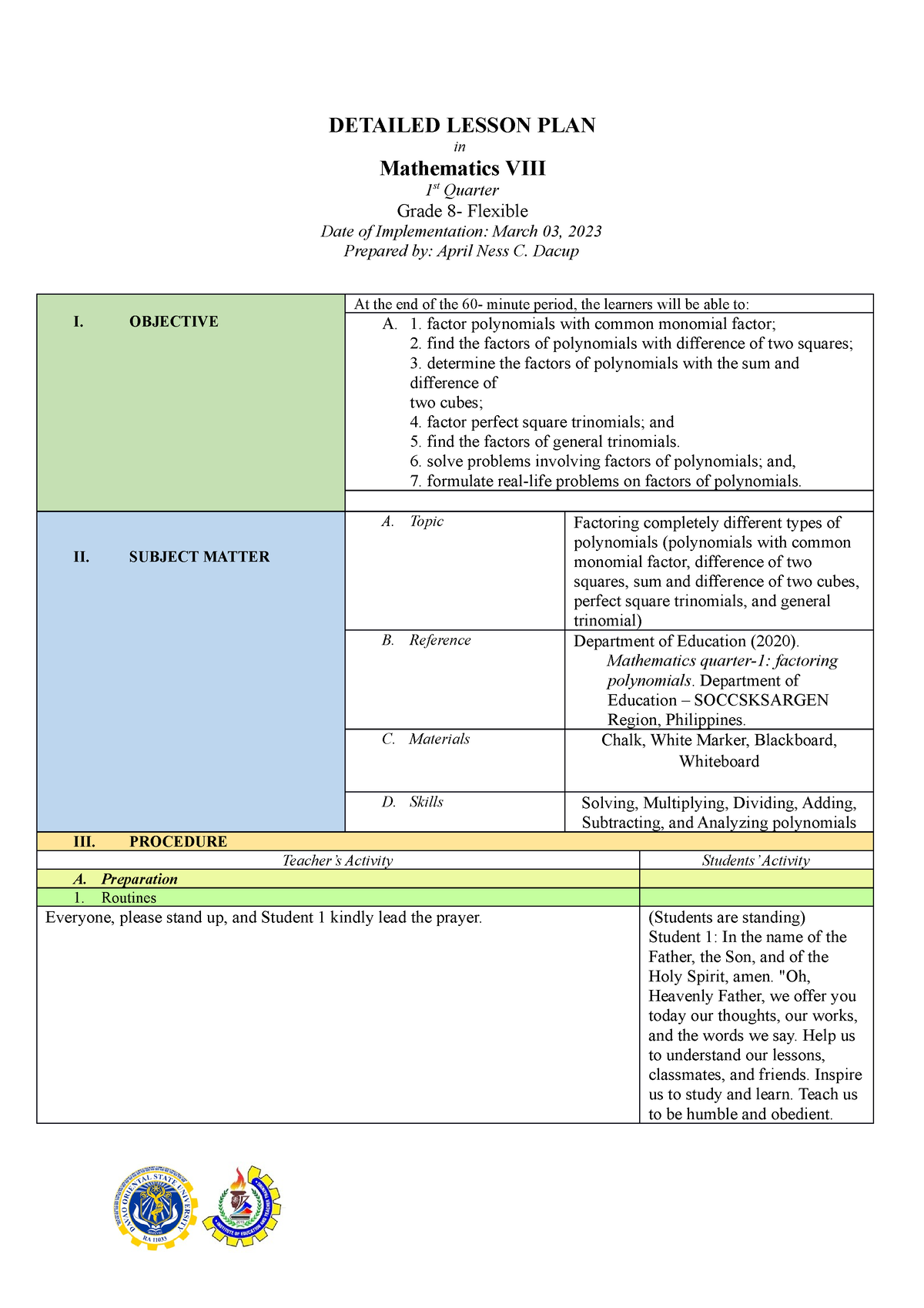 Print DLP-Math-124 - DETAILED LESSON PLAN - DETAILED LESSON PLAN In ...