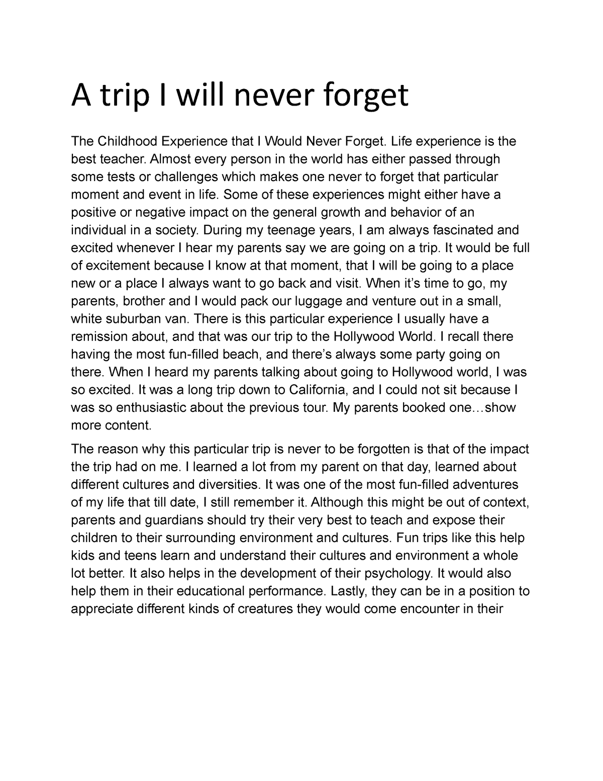a trip you will never forget essay 500 words