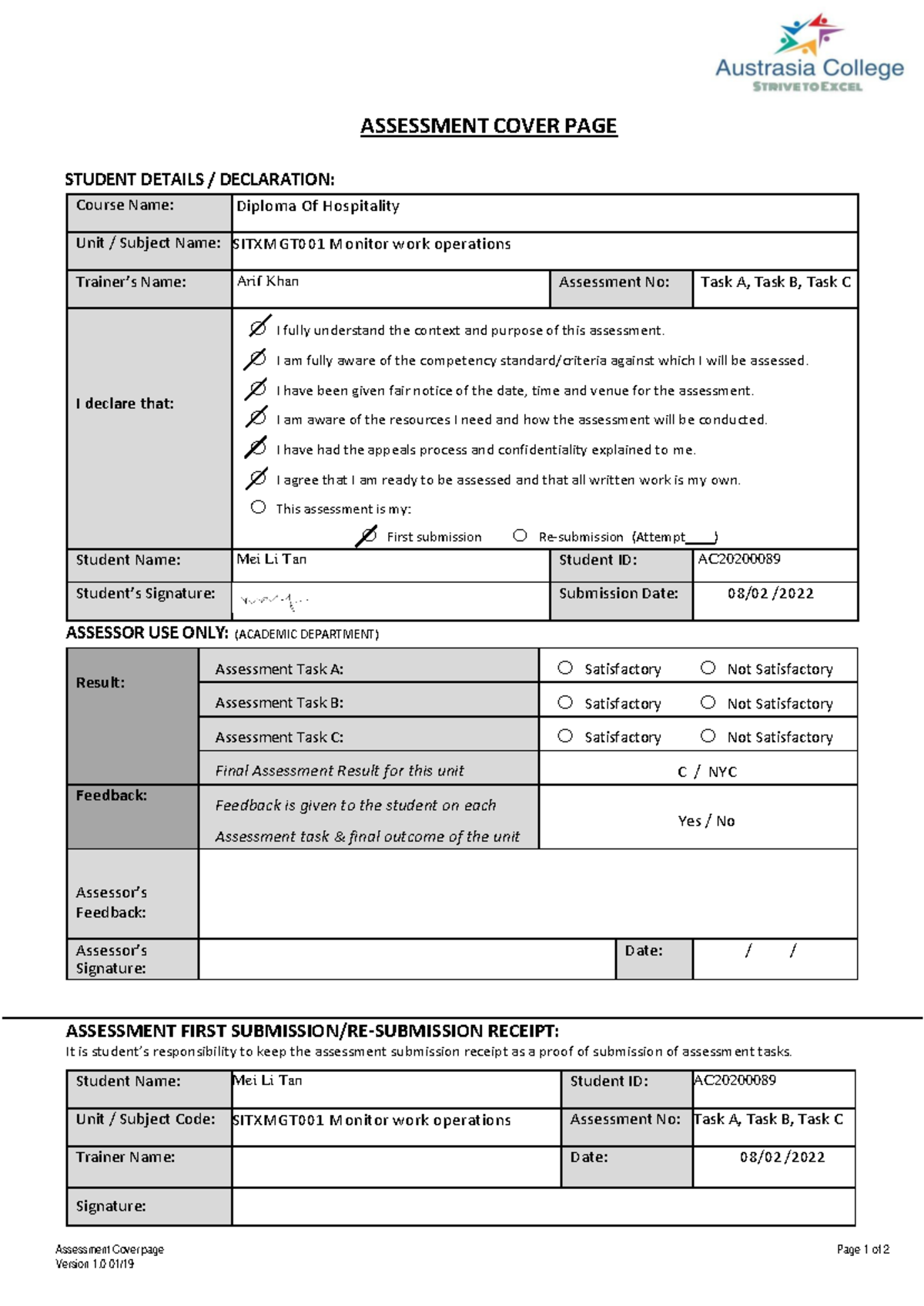 Sitxmgt 001 Assessment Task A, B, C (Completed) - Assessment Cover page ...