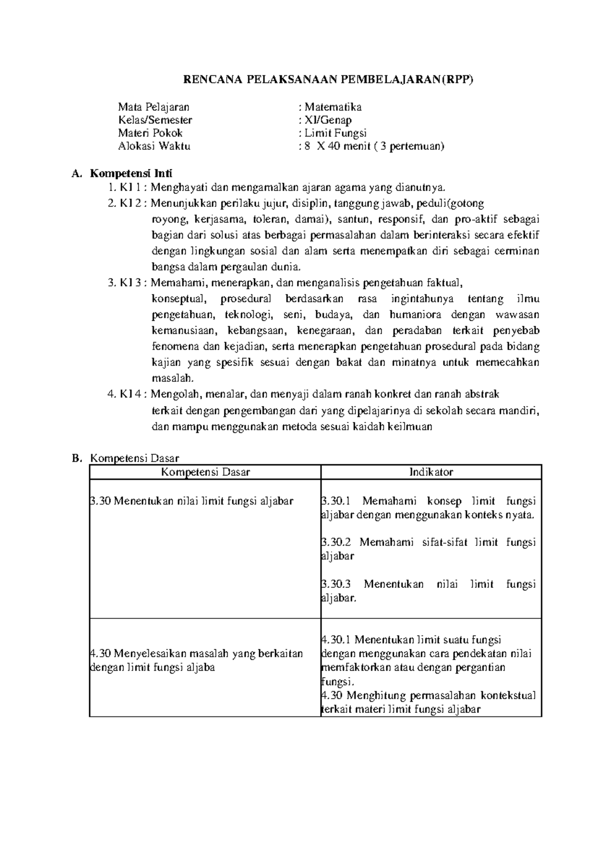 Rencana Pelaksanaan Pembelajaran Limit Fungsi - RENCANA PELAKSANAAN ...