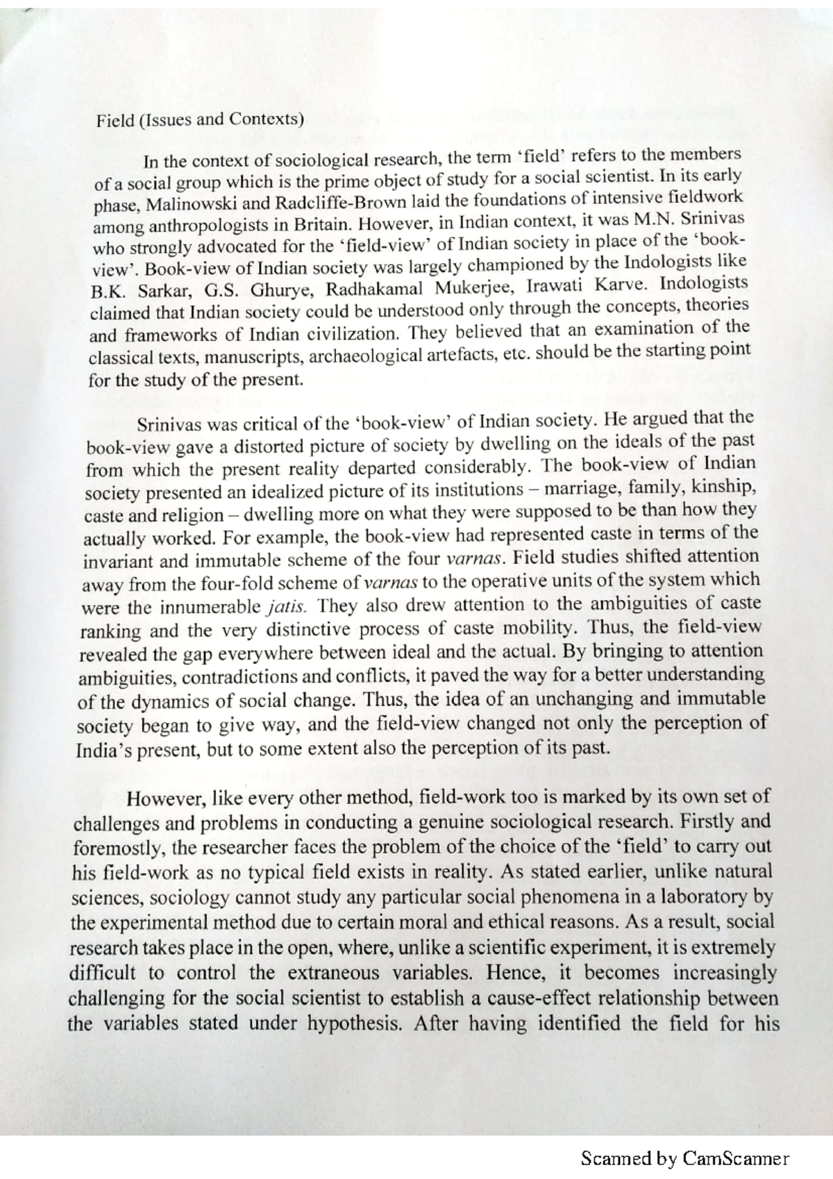 Field (Issues and context) 2 - Sociology - Delhi University - Studocu