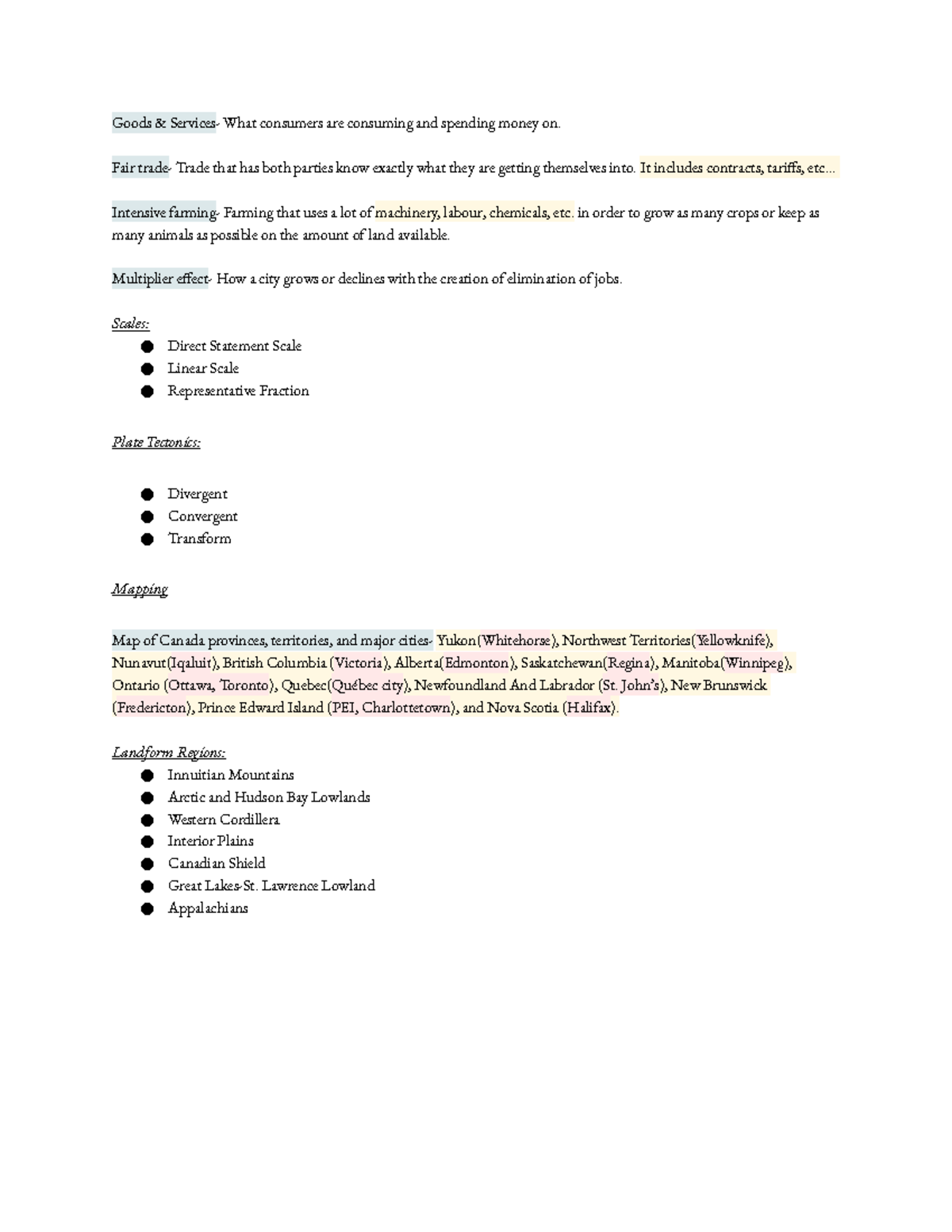 Grade 9 Final Canadian Geography Exam Study Notes - Goods & Services 