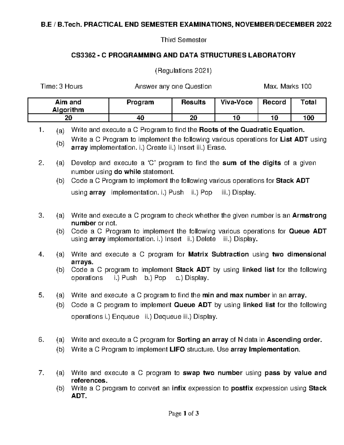 CS3362SET1 Lab questions set Page 1 of 3 B / B. PRACTICAL END