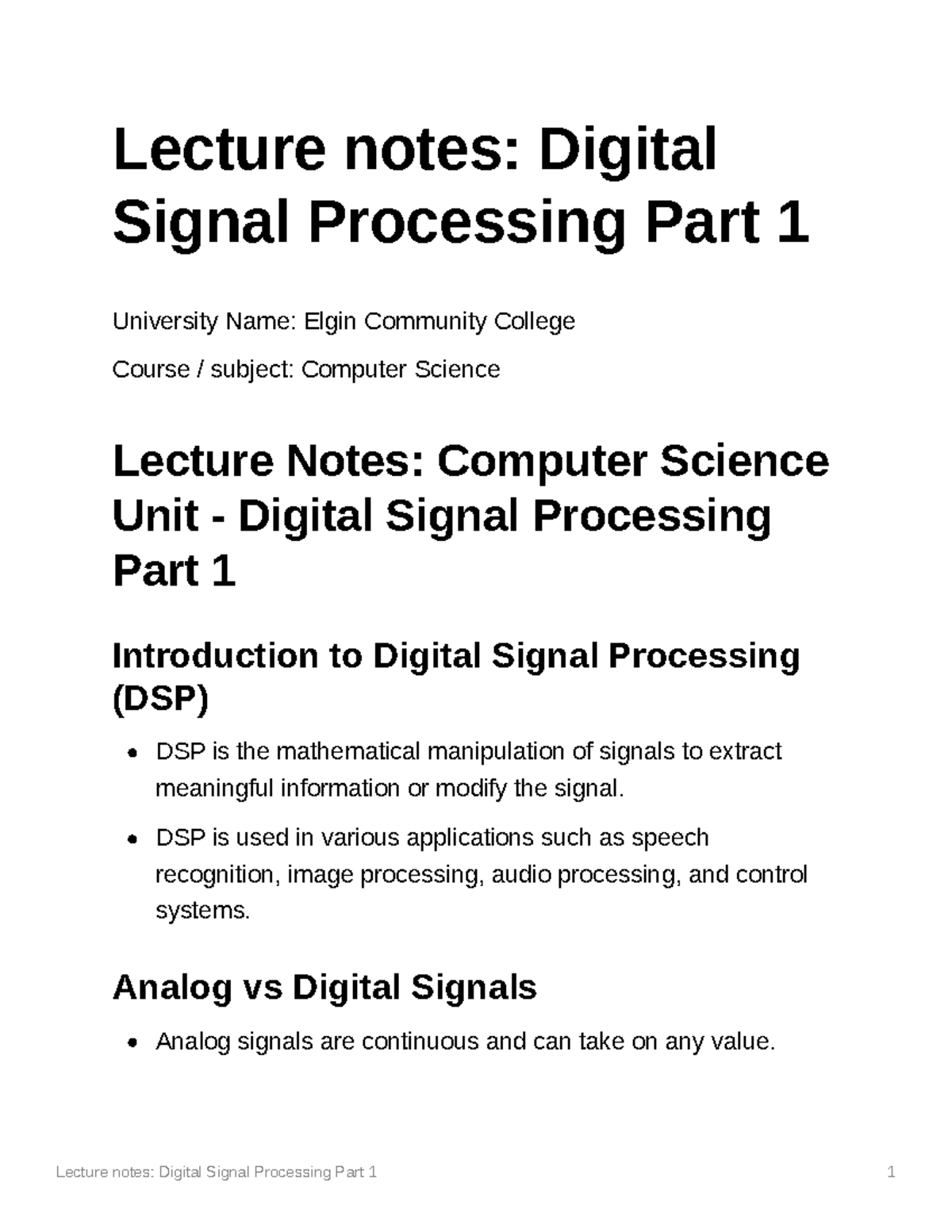 Lecture Notes Digital Signal Processing Part 1 - Lecture Notes: Digital ...