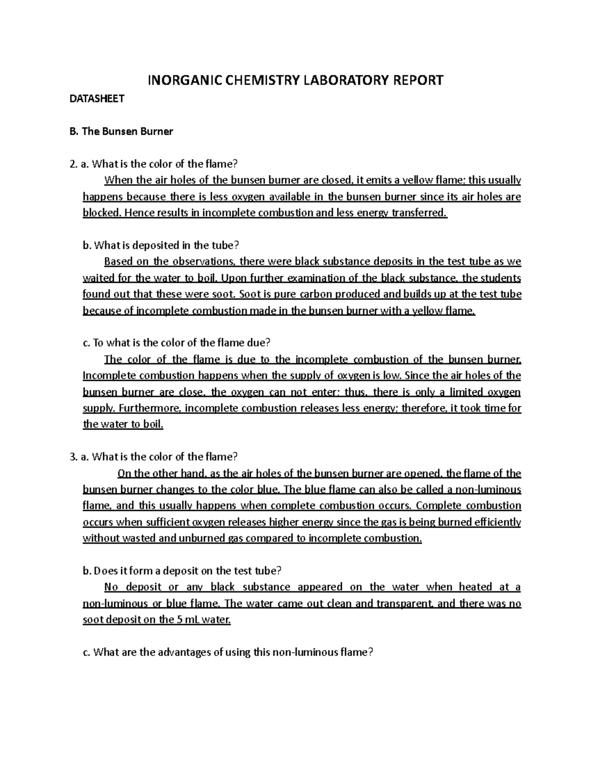 Laboratory Report 1 CHEMISTRY LABORATORY REPORT DATASHEET B