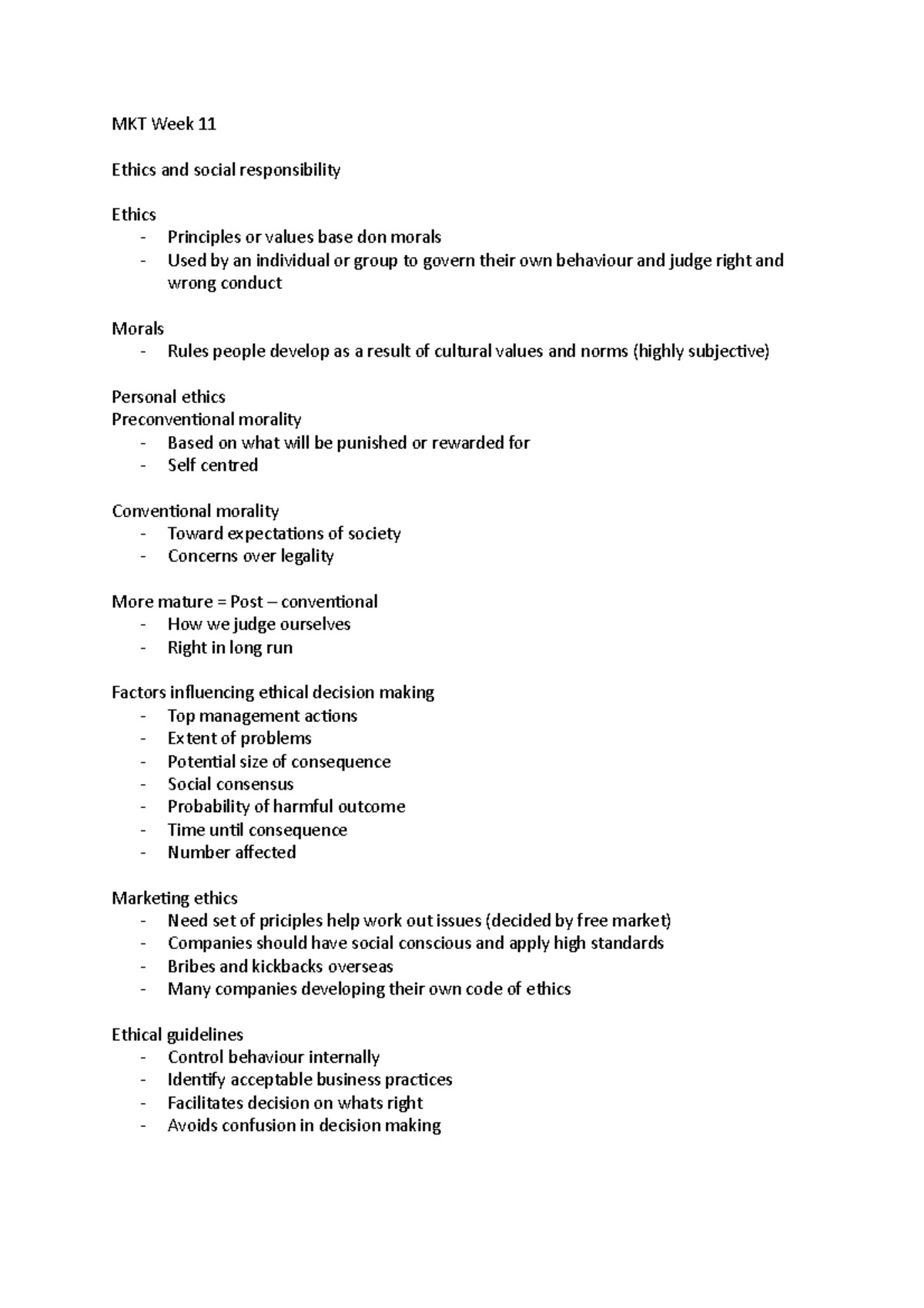 Week 11 - Notes - MKT Week 11 Ethics and social responsibility Ethics ...