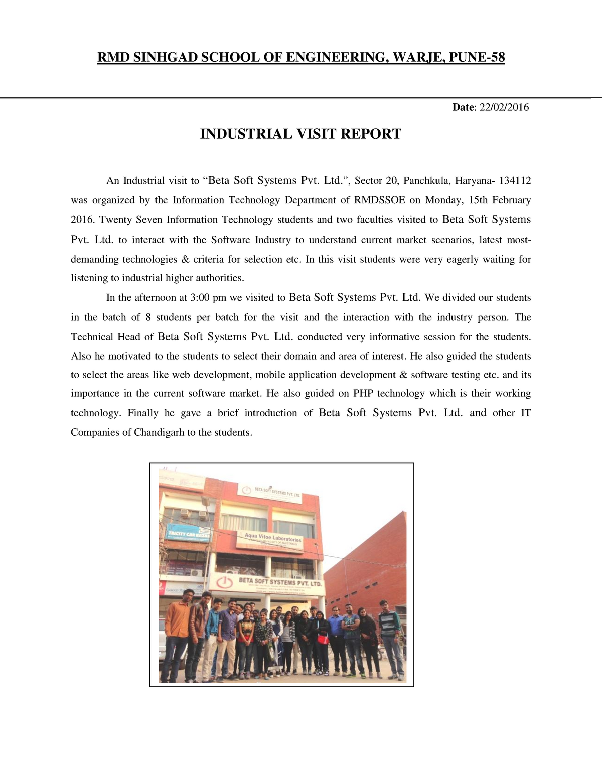 report on industrial visit by students