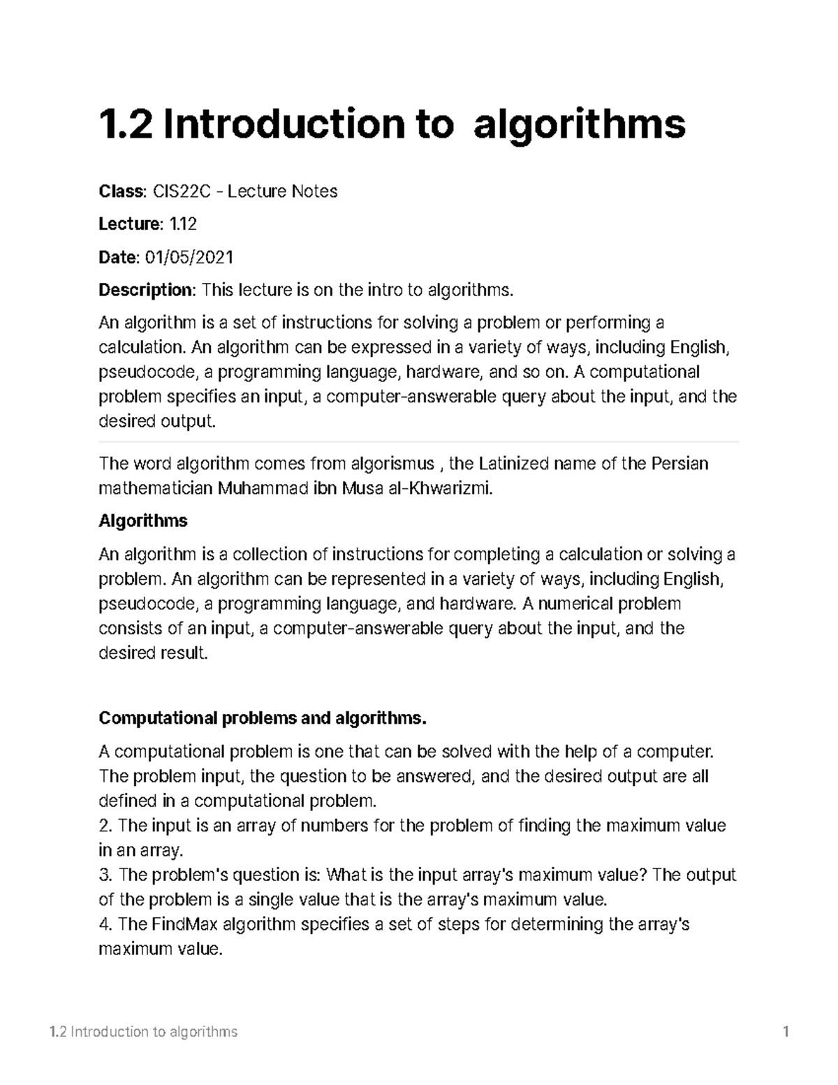 1.2 Introduction To Algorithms - 1 Introduction To Algorithms Class ...